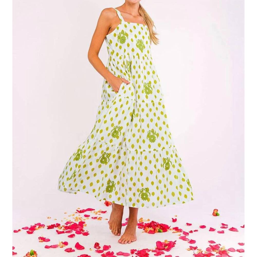 NEW NIMO WITH LOVE cornflower midi dress in green dots and bird embroidery